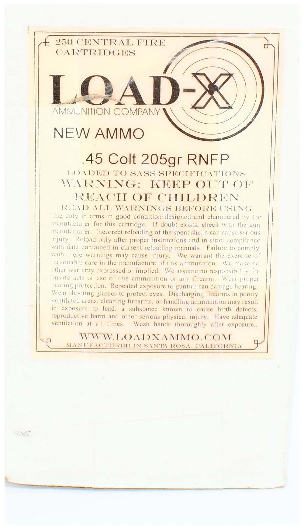 Lot 1504: 250 Rounds Load-X Ammunition Company .45 Colt 205gr RNFP Remanufactured Ammunition