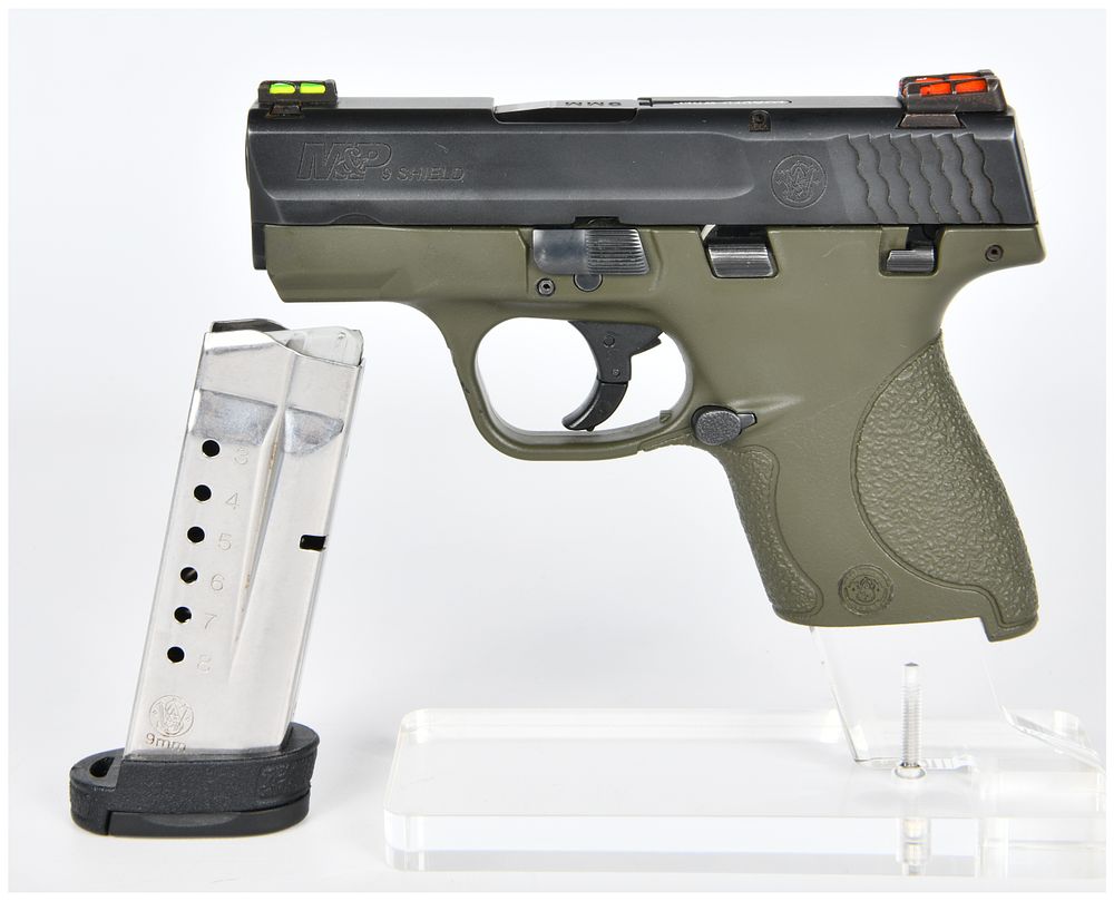 Lot 1509: A Smith & Wesson M&P 9 SHIELD 9mm Semi-Automatic Pistol with OD Green Frame and Fiber Optic Sights