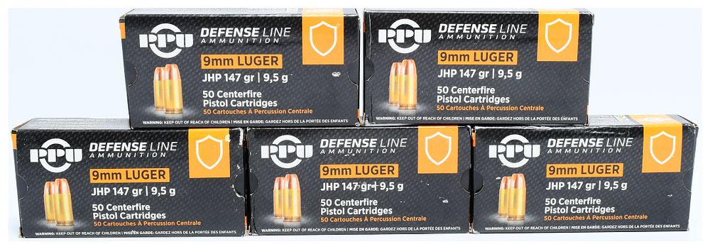 Lot 1510: Prvi Partizan PPU Defense Line 9mm Luger 147 Grain JHP Ammunition, 250 Rounds