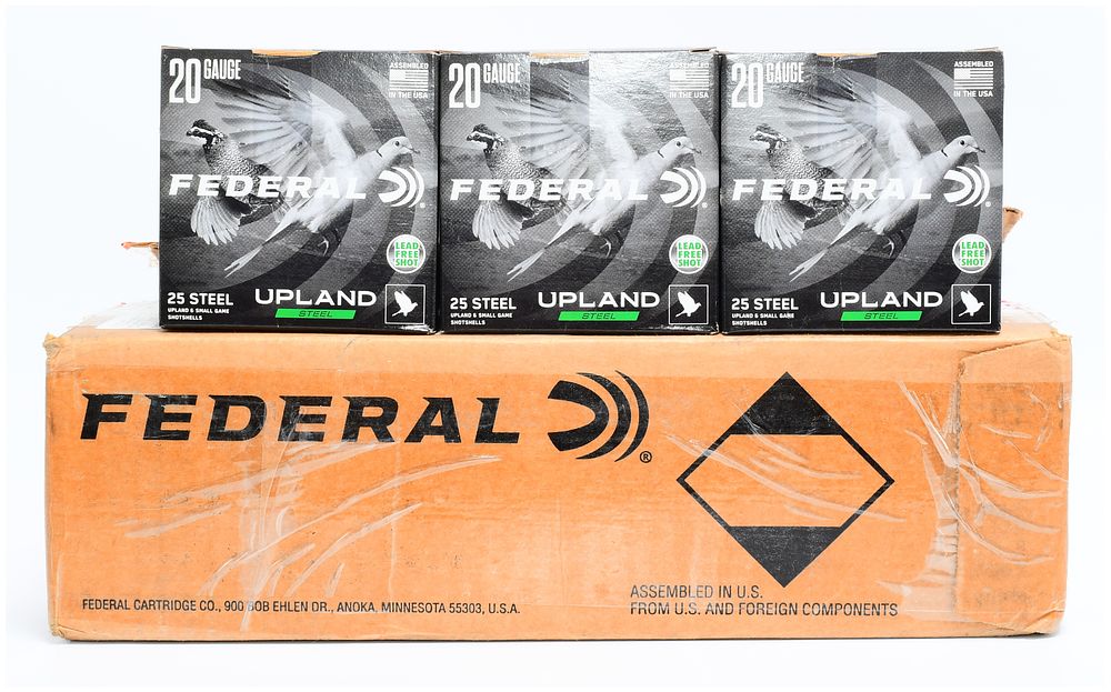 Lot 1525: Federal Upland Steel 20 Gauge 2 3/4 inch 3/4 oz 7 1/2 Shot Shotshells, 250 Rounds