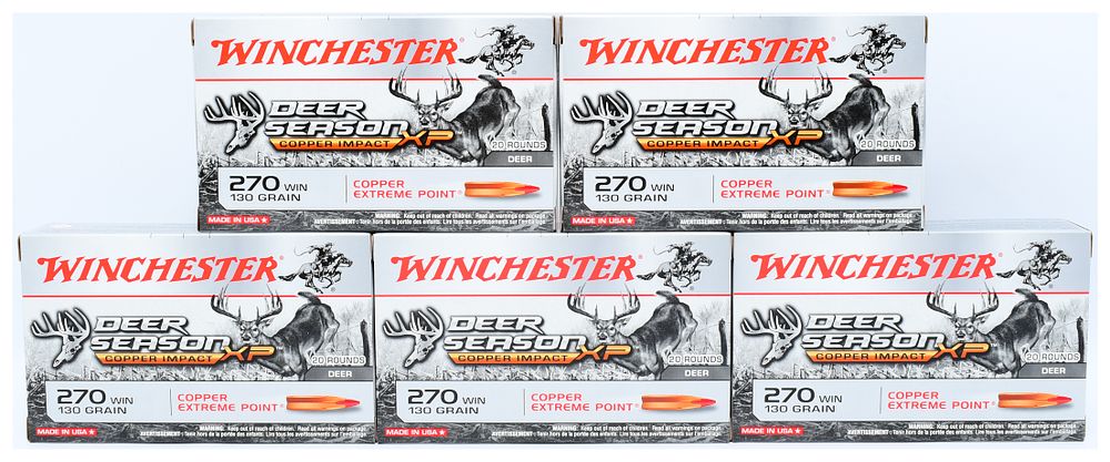 Lot 1528: Winchester Deer Season XP Copper Impact .270 WIN 130 Grain Copper Extreme Point Lead-Free Ammunition, 100 Rounds
