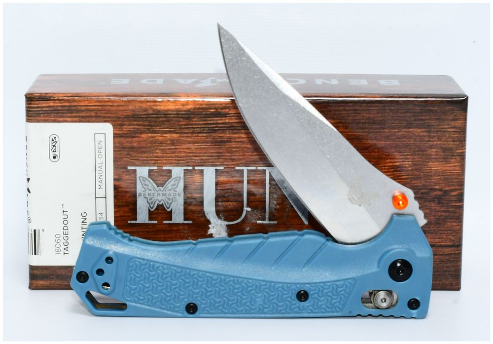 Lot 1538: Benchmade 18060 Taggedout™ Folding Knife, CPM 154 Drop-Point Blade, Blue Grivory Handle Repro