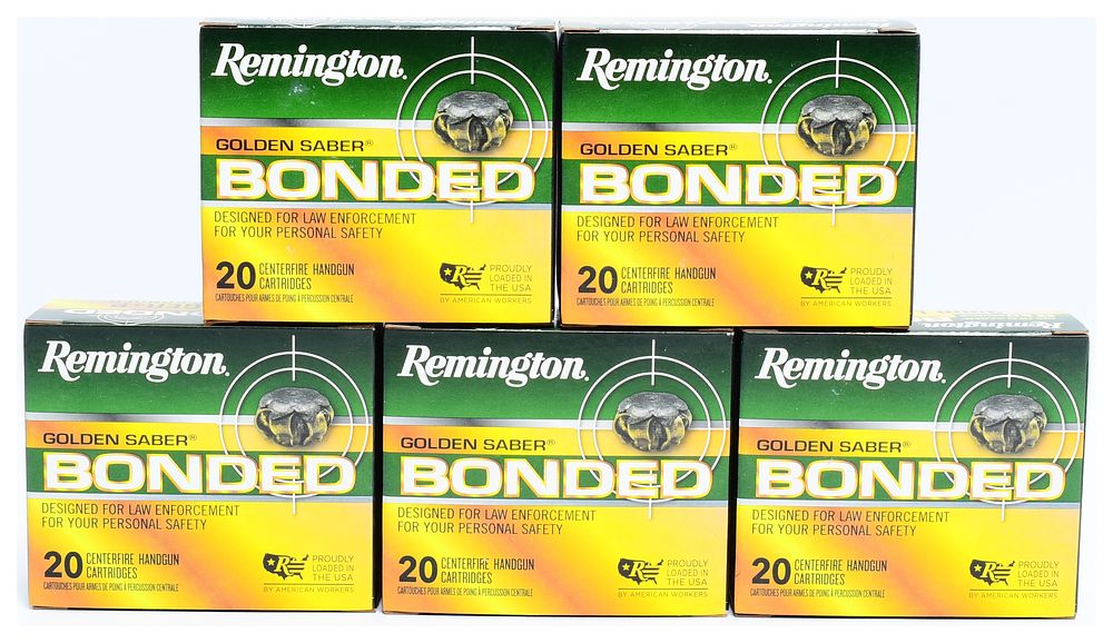 Lot 1555: Remington Golden Saber Bonded 9mm Luger +P 124 Gr. BJHP Centerfire Handgun Cartridges, 100 Rounds