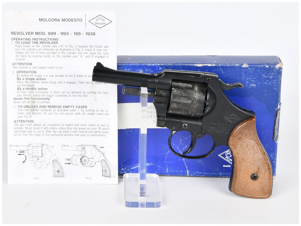 Lot 1593: Mondial Model 199 .22 Caliber Tear Gas Revolver with Box and Manual