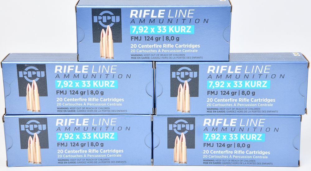 Lot 1070: Five Boxes of PPU 7,92x33 KURZ FMJ 124 gr Rifle Ammunition