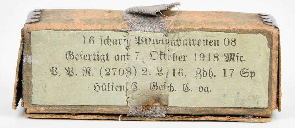 Lot 1181: WWI German 9mm Luger Ammunition Box, Dated 1918