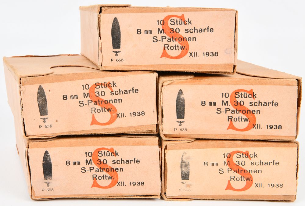 Lot 1220: 1938 German Mauser 8mm M.30 Scharfe S-Patronen Ammunition, Five Boxes