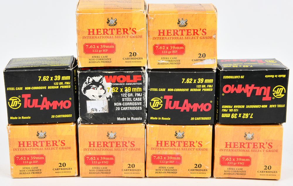 Lot 1250: A Collection of Ten Boxes of Herter's, Tulammo, and Wolf Performance 7.62x39mm Ammunition