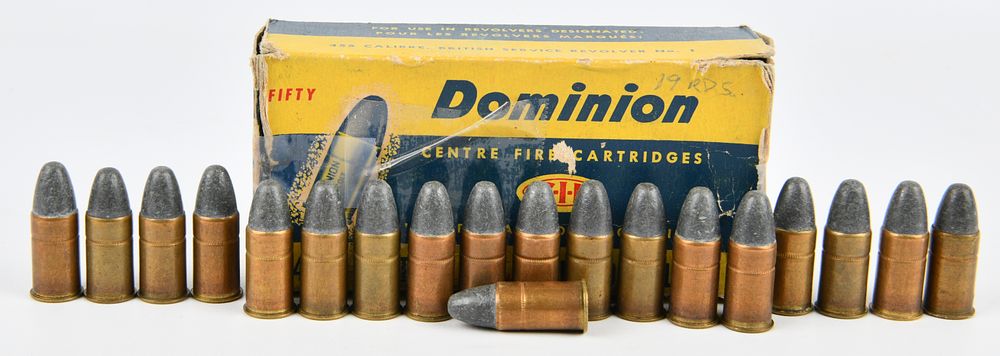 Lot 1307: Nineteen Dominion .455 Colt 265 Grain Lead Bullet Centre-Fire Cartridges with Original Box