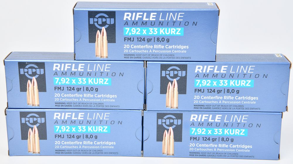 Lot 1310: PPU 7,92X33 KURZ FMJ Ammunition 124 gr, Five Boxes