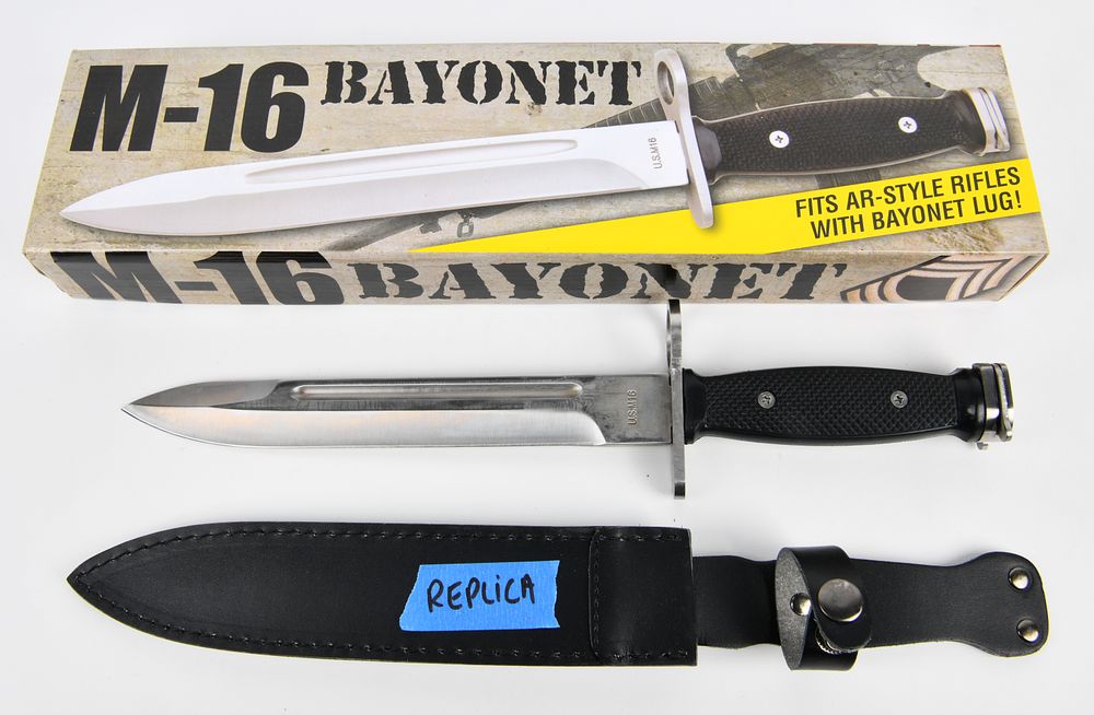 Lot 1331: M16 Bayonet Knife Replica, China Made, with Sheath and Box