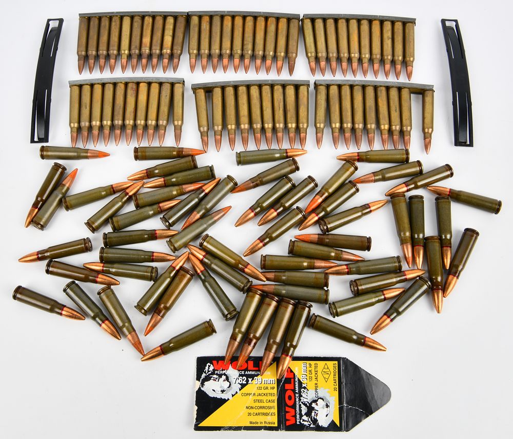 Lot 1421: A Collection of Approximately 200 Rounds of Wolf Performance Ammunition 7.62 x 39 mm 122 GR. HP Rifle Cartridges, Russian Manufactured