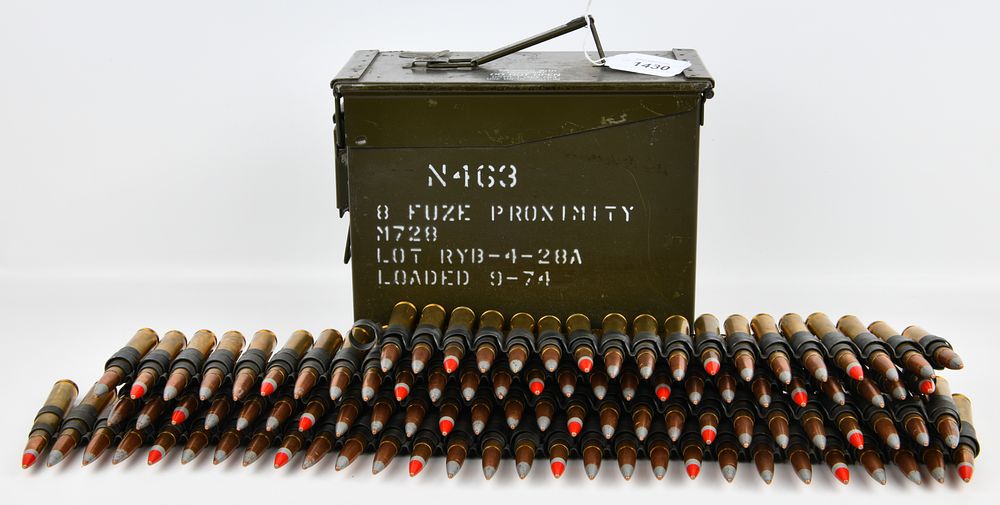 Lot 1430: An N463 Tall 50 Caliber Ammo Can for M728 Proximity Fuze with a Group of Linked Ammunition