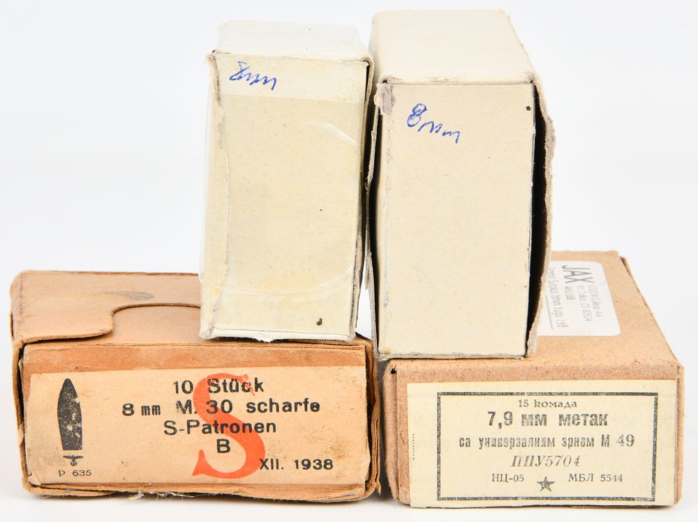 Lot 1463: A Collection of Vintage 8mm Rifle Ammunition, including 1938 German 8x56r M.30 Scharfe S-Patronen