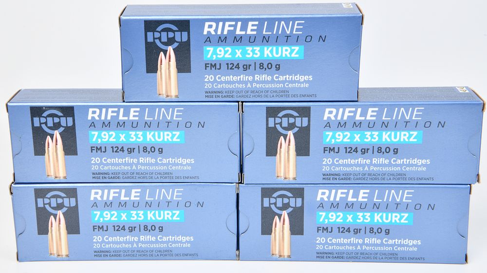 Lot 251: A Group of Five Boxes PPU Rifle Line 7,92 x 33 KURZ FMJ 124 gr Ammunition