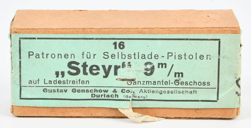 Lot 302: Gustav Genschow & Co. (Geco) 9mm Steyr Sinoxid Ammunition Box for 16 Rounds
