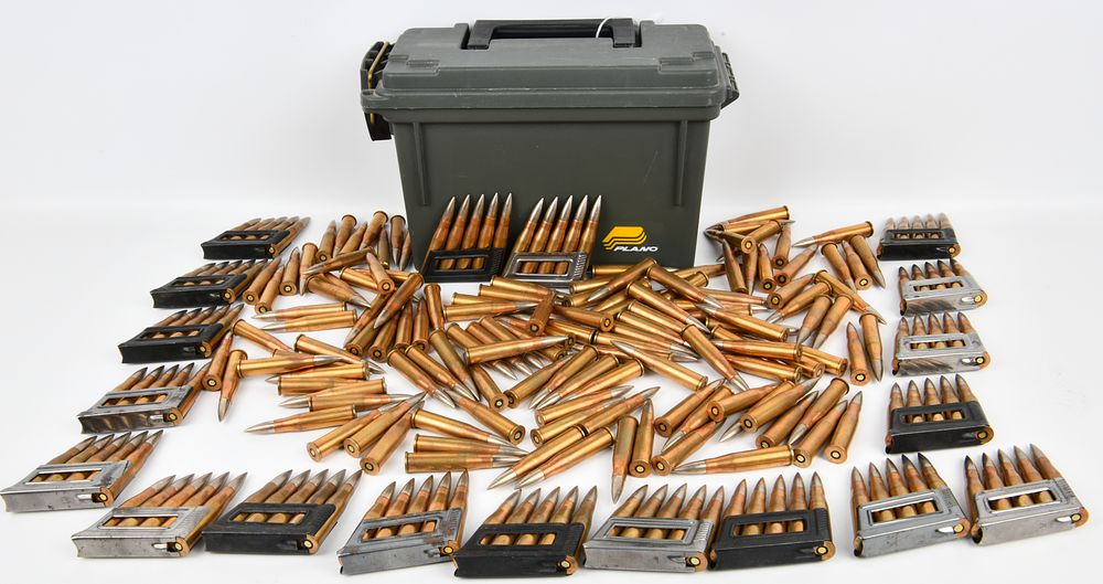 Lot 314: A Collection of Vintage Soviet 1939 7.62x54R Rifle Cartridges with Plano Ammunition Can