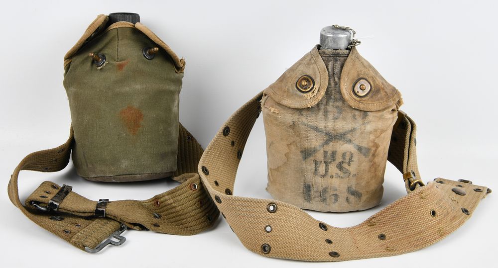 Lot 341: Two WWI and WWII U.S. Army Canteens with Covers and Belts
