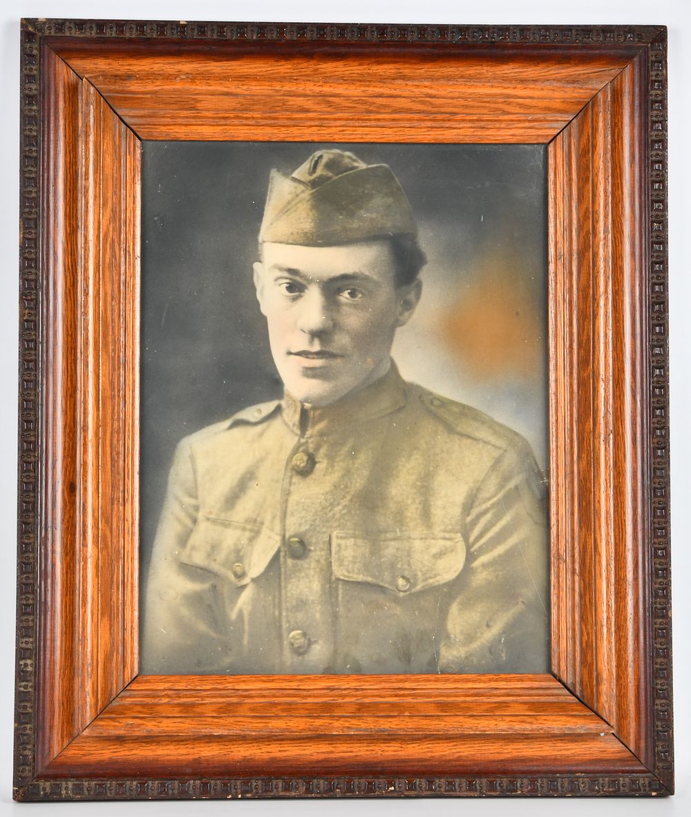 Lot 38: WWI Era Portrait Photograph of a Doughboy Soldier in Oak Frame