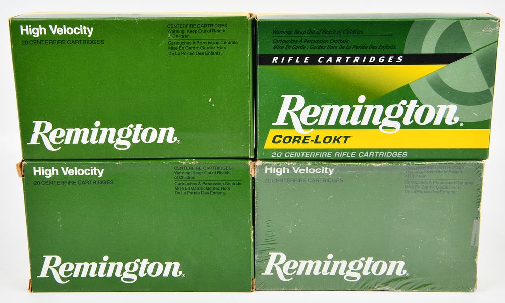 Lot 410: A Group of Four Boxes of Remington High Velocity and Core-Lokt 7MM MAUSER (7X57) 140 GR. Rifle Cartridges