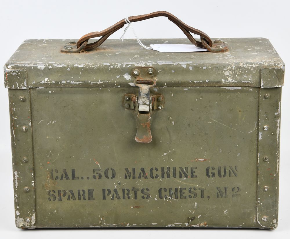 Lot 434: WWII US Military .50 Caliber M17 Ammunition Chest, Stenciled 'M2 Spare Parts'