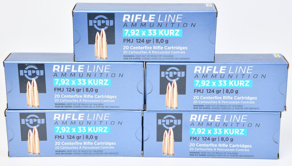 Lot 71: Five Boxes of PPU 7,92 x 33 Kurz FMJ 124 gr Ammunition
