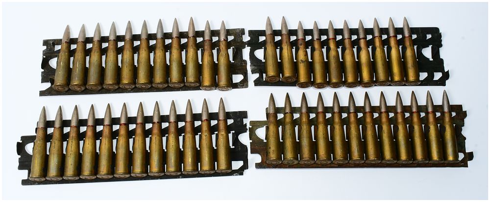 Lot 91: 45 Rounds 8MM LEBEL FRENCH MILITARY AMMUNITION ON HOTCHKISS STIPPER CLIPS