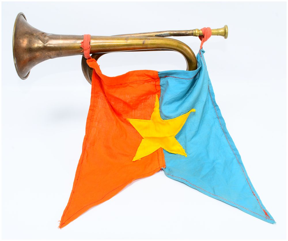 Lot 94: Vietnam War Era North Vietnamese Army (NVA) or Vietcong (VC) Brass Bugle with Attached Pennant