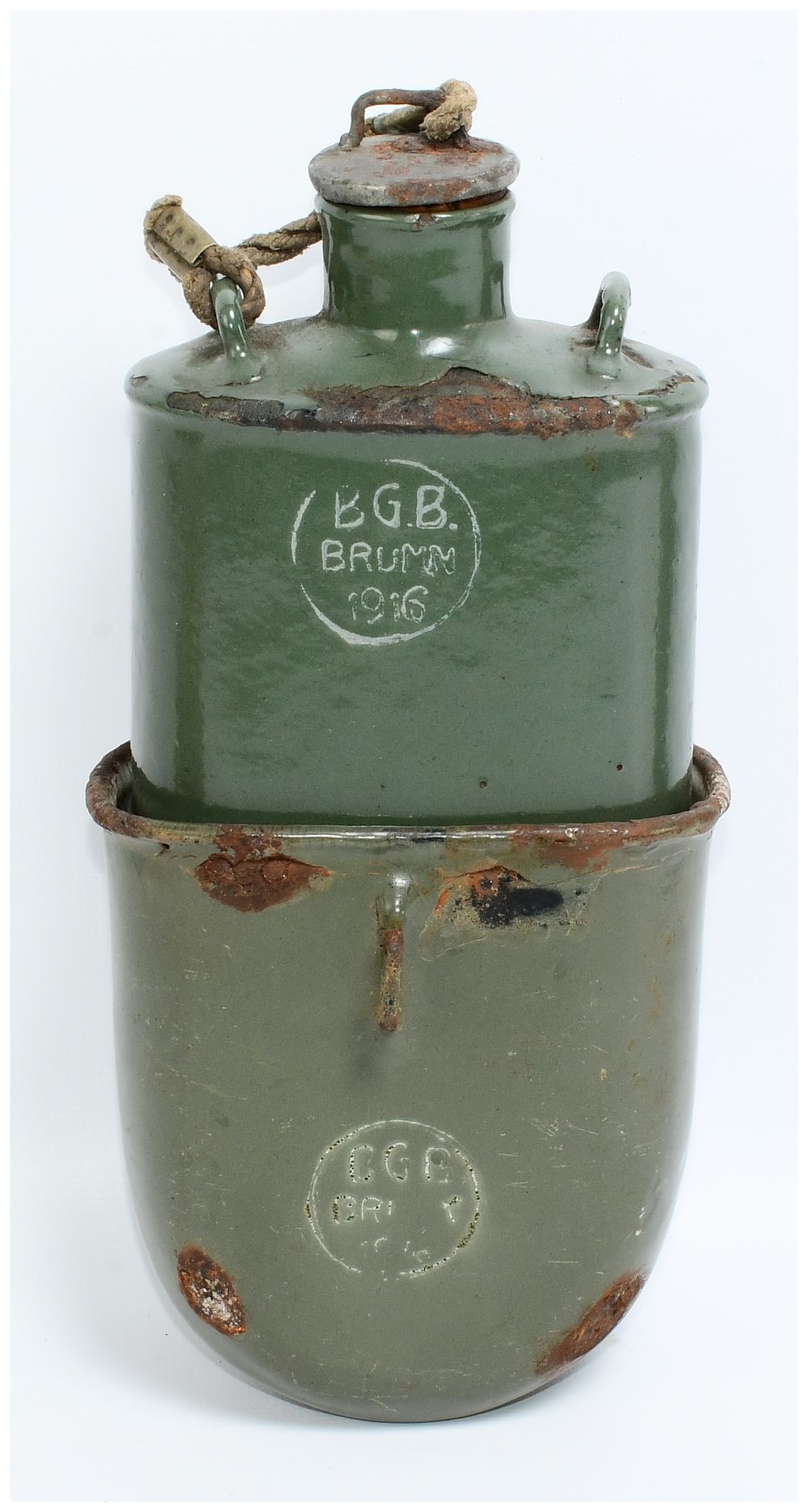 Lot 124: Austro-Hungarian WWI B.G.B. Brumm 1916 Enamel Steel Military Canteen with Nesting Cup