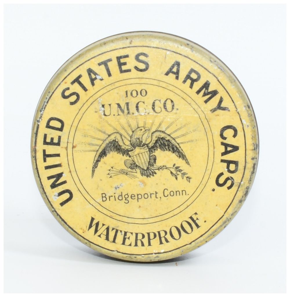 Lot 176: Vintage United States Army U.M.C. Co. Percussion Cap Tin with Contents