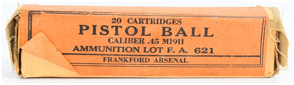 Lot 266: A WWII Era Frankford Arsenal .45 M1911 Pistol Ball Cartridge Box with Two Cartridges