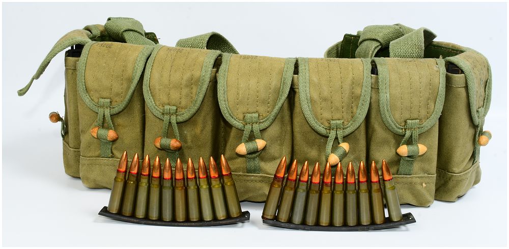 Lot 296: Chinese SKS Type 56 7.62x39mm Ammunition Bandolier with Two Stripper Clips and Cartridges
