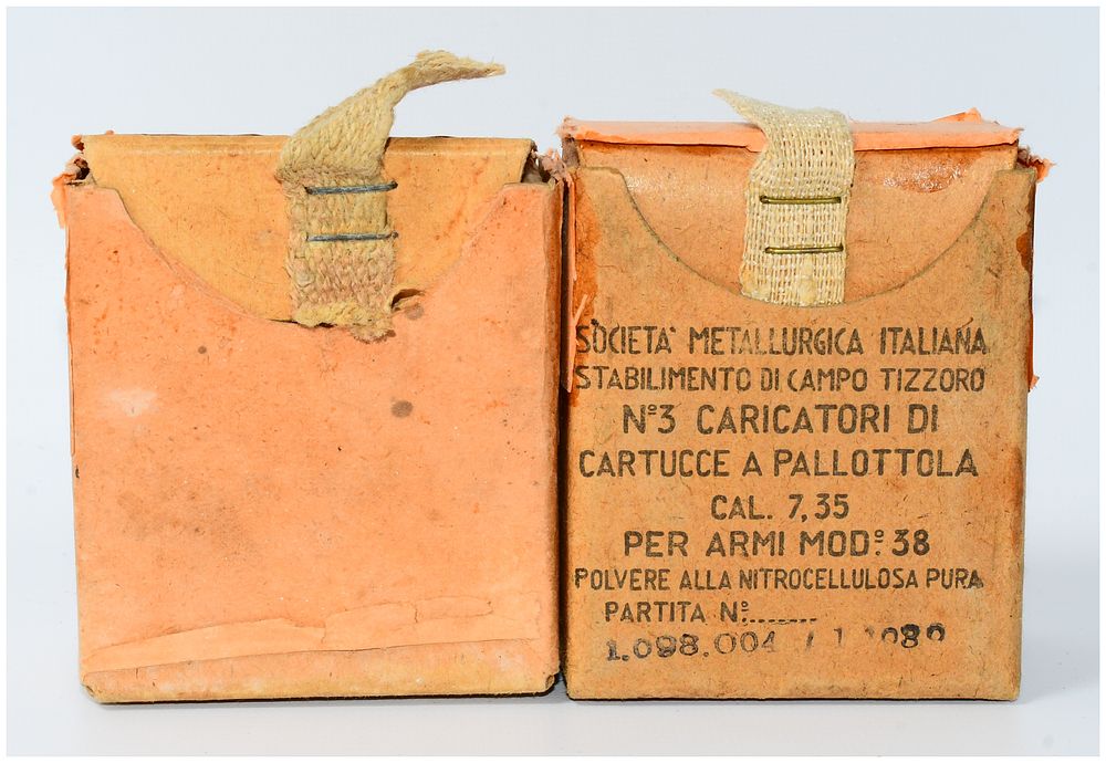 Lot 386: Italian Military 7.35x51mm Carcano Ammunition by S.M.I. on Stripper Clips in Original Boxes, 24 Rounds