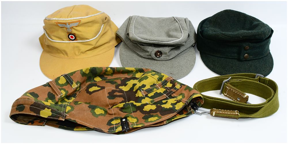 Lot 406: A Group of Four Vintage Military-Style Field Caps and a Canvas Strap
