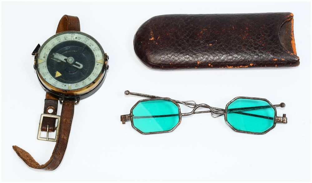Lot 472: A Collection of Civil War Era Green-Tinted Spectacles with Case, and a Wrist Compass