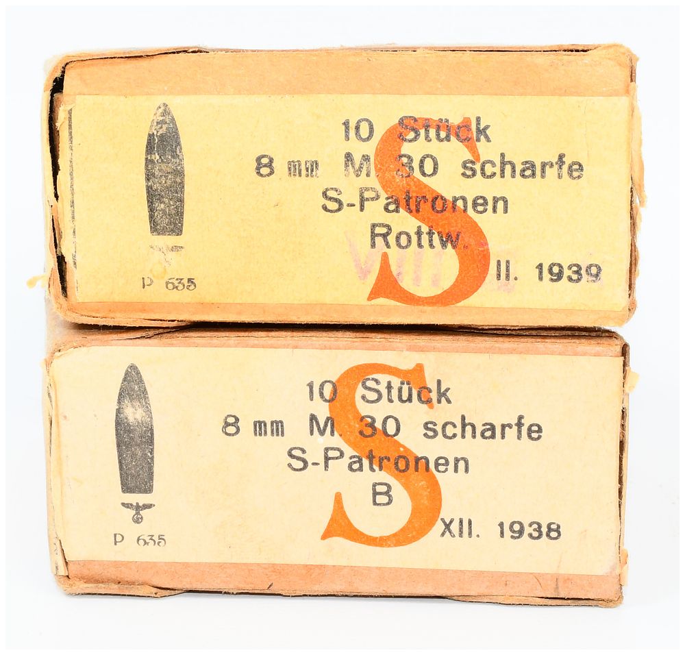 Lot 1085: 20 Rounds WWII German 8x56R M.30 Mannlicher Ammunition with Stripper Clips in Original Boxes, 1938-1939