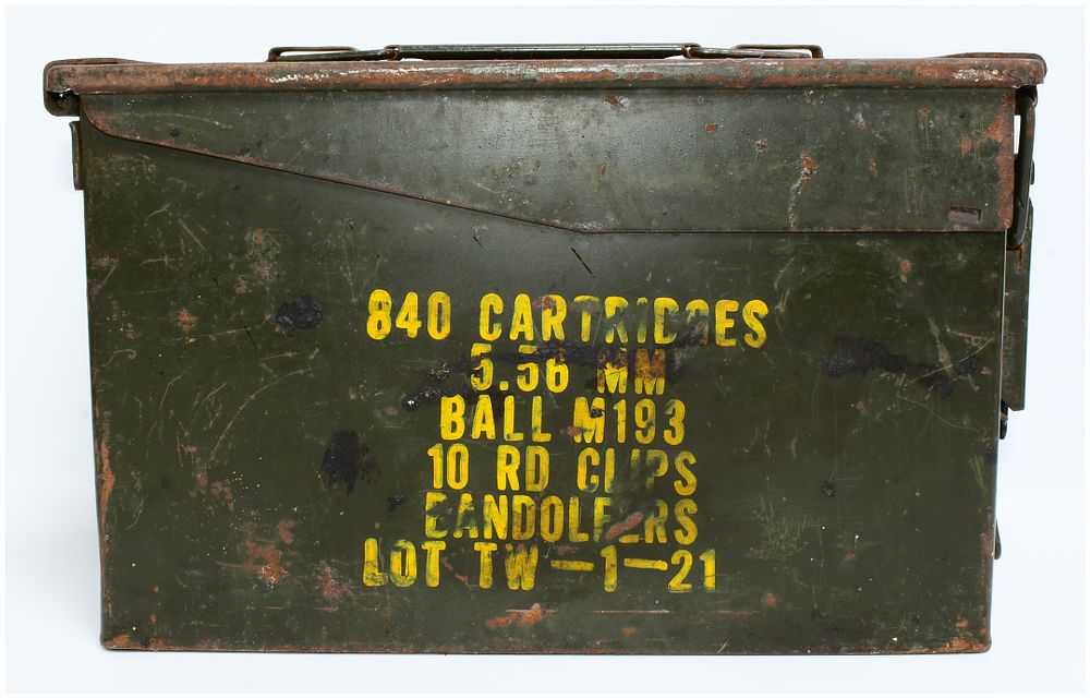 Lot 1354: US Military Metal Ammo Box for 5.56 MM Ball M193 Cartridges, Empty