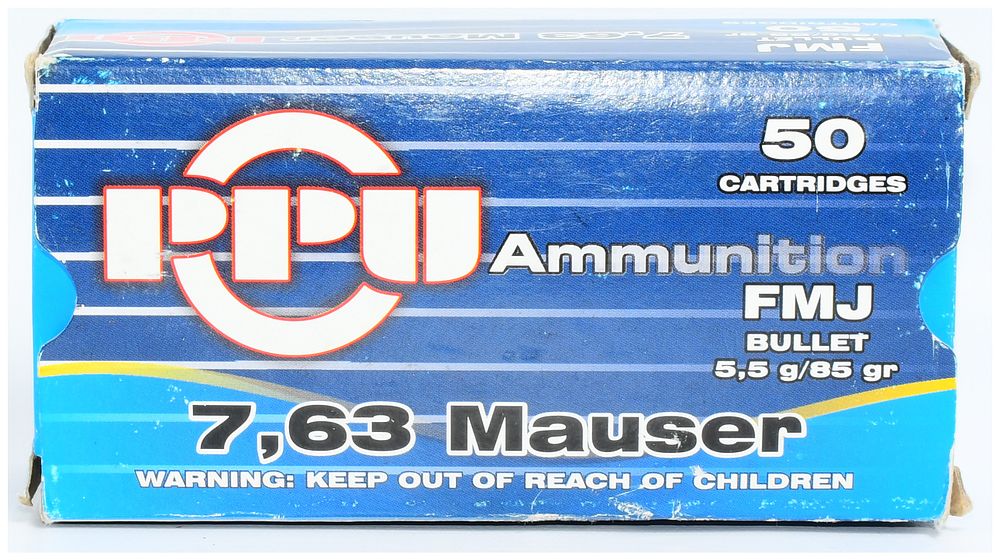 Lot 1385: PPU 7.63 Mauser FMJ Ammunition, 50 Rounds