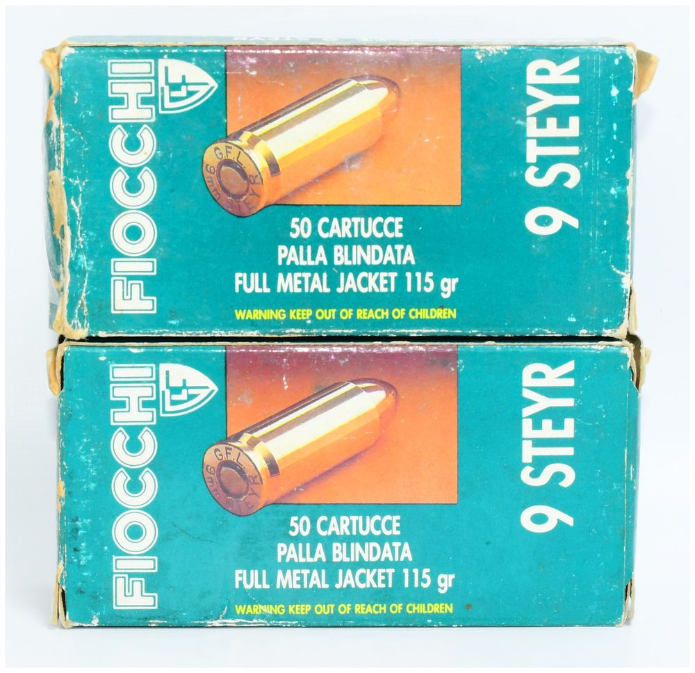 Lot 1435: Fiocchi 9 Steyr Full Metal Jacket 115 gr Vintage Ammunition, 78 Rounds
