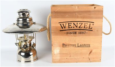 A Wenzel Nickel Plated Kerosene Pressure Lantern Model 823018 with Crate. A Wenzel Nickel Plated 