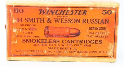 Vintage Winchester .44 Smith & Wesson Russian Smokeless Center Fire Ammunition, 50 Rounds. A 