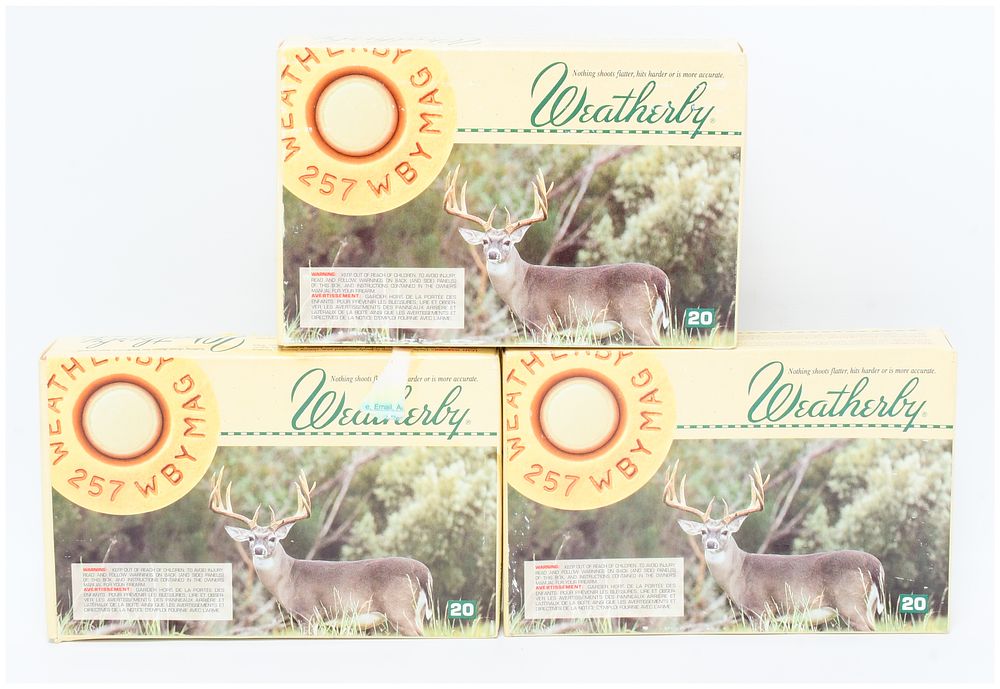 Lot 64: Three Boxes of Weatherby .257 Weatherby Magnum 100gr. Spitzer Ultra-High Velocity Ammunition, 60 Rounds