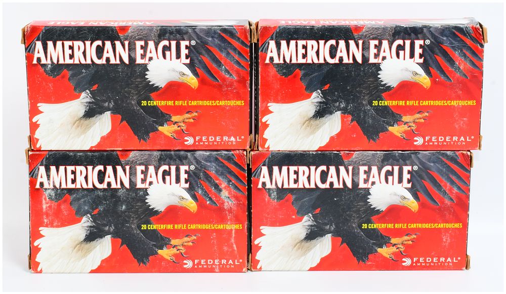 Lot 67: Four Boxes Federal American Eagle .338 Federal 185 Grain Soft Point Centerfire Rifle Ammunition, 80 Rounds