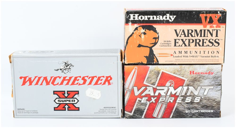 Lot 82: Three Boxes of .220 Swift Ammunition: Hornady Varmint Express and Winchester Super-X