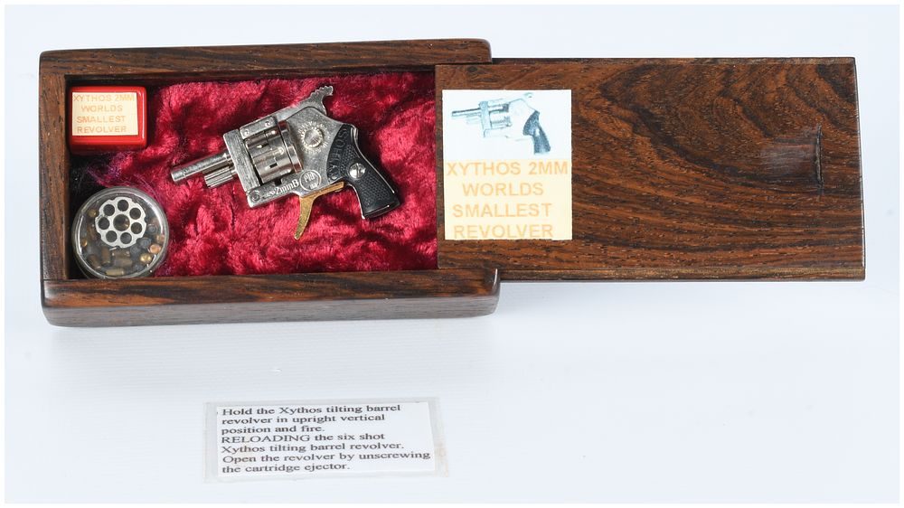 Lot 84: A Xythos 2mm Pinfire Revolver, 'World's Smallest Revolver', Nickel Finish, Cased with Accessories