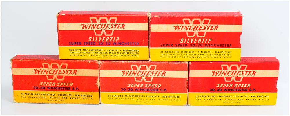 Lot 94: Five Boxes Vintage Winchester Super Speed 30-30 Ammunition, 100 Rounds (Silvertip & Soft Point)