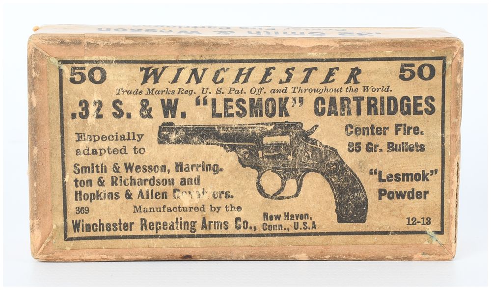 Lot 104: A Box of Fifty Winchester .32 S. & W. "Lesmok" Cartridges, "Picture Box" Style
