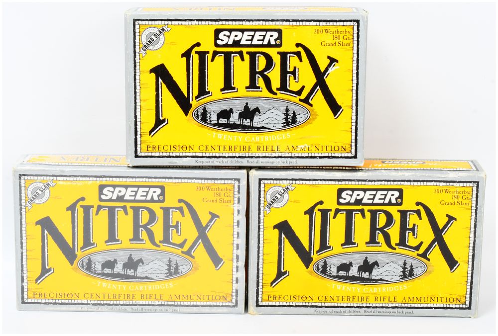 Lot 112: Three Boxes of Speer Nitrex Grand Slam .300 Weatherby 180 Gr. Ammunition with a Group of Seven Loose Cartridges