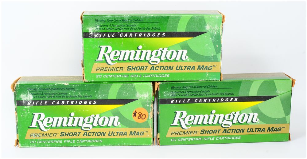 Lot 118: 60 Rounds Remington Premier Short Action Ultra Mag .300 Remington S.A. Ultra Mag 165 GR Core-Lokt PSP Rifle Cartridges