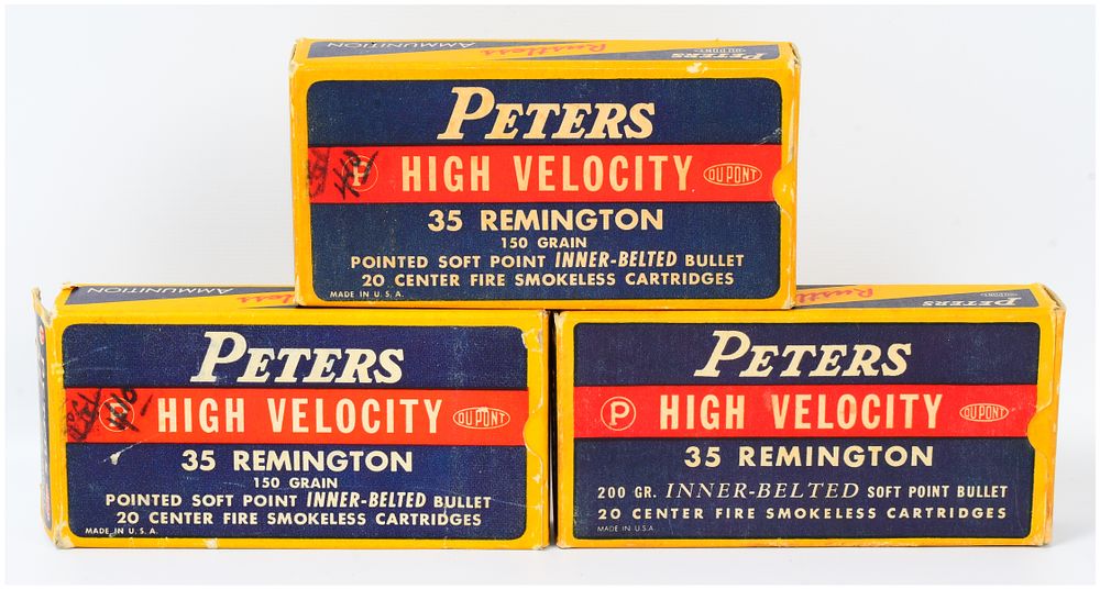Lot 121: Three Boxes Peters High Velocity 35 Remington Ammunition, 49 Rounds Total